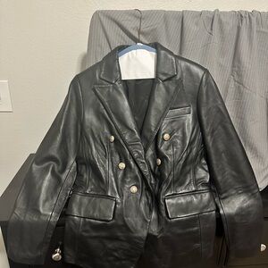 Black Double-Breasted Women's Leather Jacket